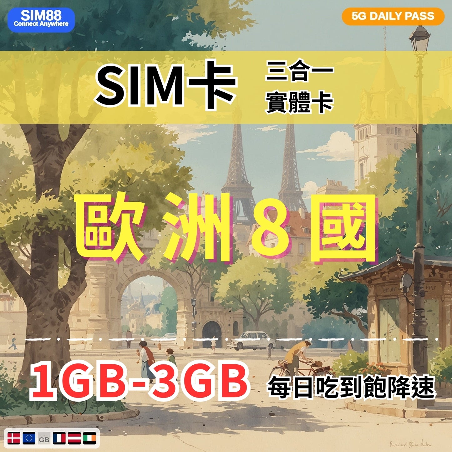 【實體卡】歐洲8國 跨國上網 每日1-3GB 8個目的地:英國/法國/奧地利/丹麥等8國 4G/5G高速 -J