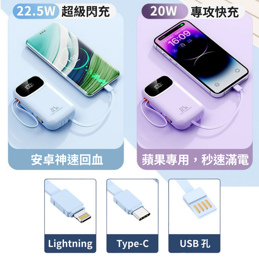 22.5W超閃充 行動電源 20000mAh | 四線合一 | PD快充 | 數字電量 | 登機必備 實體商品