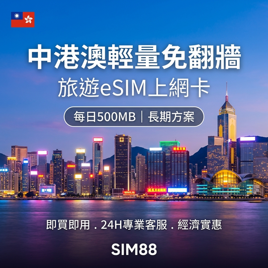 【eSIM】中港澳上網卡｜每日500MB輕量型｜免實名免翻牆
