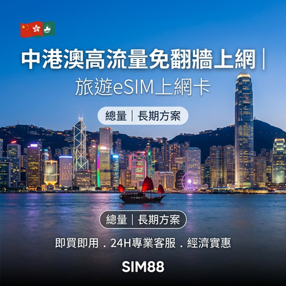 【eSIM】中港澳上網卡｜高速總量型｜免實名免翻牆｜不斷線