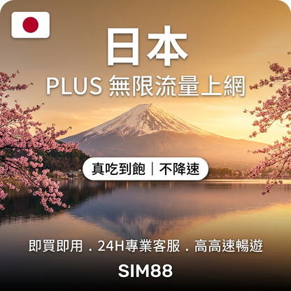 實體卡PLUS 日本無限流量上網SIM卡｜真吃到飽、不降速｜KDDI & SOFTBANK 雙電信自由切換-T eSIM 上網卡 - SIM88
