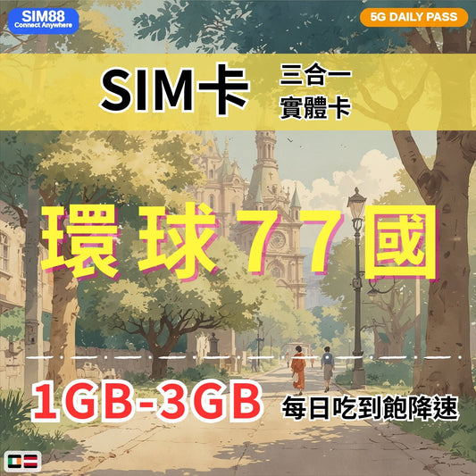 【實體卡】環球77國 跨國上網 每日1-3GB 77個目的地：阿爾巴尼亞/愛爾蘭/愛沙尼亞/奧地利等77國 4G/5G高速 -J