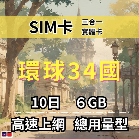 【實體卡】跨洲34國 跨國上網 總量型SIM卡 3-50GB 35個目的地：孟加拉/汶萊/柬埔寨/中國等34國 4G/5G -J
