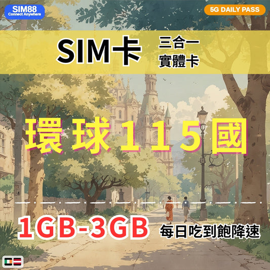 【實體卡】環球115國 跨國上網 每日1-3GB 115個目的地：阿爾巴尼亞/愛爾蘭/愛沙尼亞/奧地利等115國 4G/5G高速 -J