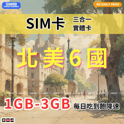 【實體卡】北美洲6國 跨國上網 每日1-3GB 美國/加拿大/墨西哥等6國 4G/5G高速 -J