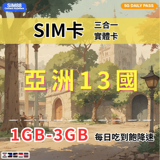 【實體卡】跨洲13國 跨國上網 每日1-3GB 13個目的地：韓國/新加坡/馬來西亞/泰國等13國 4G/5G高速 -J