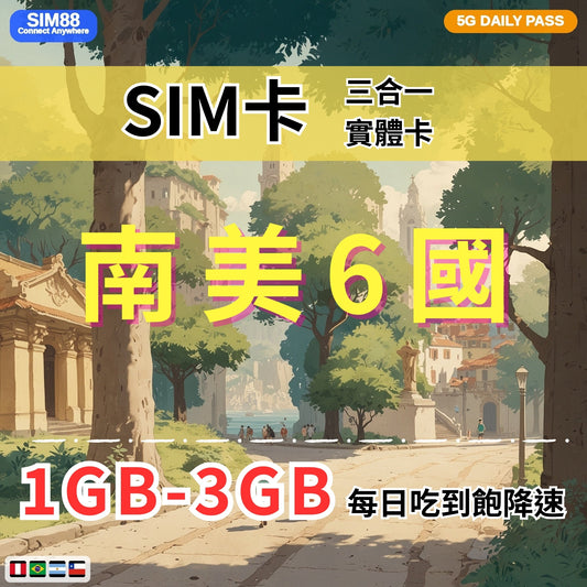 【實體卡】美洲6國 跨國上網 每日1-3GB 巴西/阿根廷/智利等6國 4G/5G高速 -J