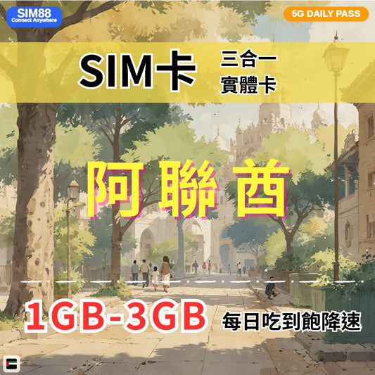 【實體卡】阿聯酋（阿拉伯聯合酋長國） 上網卡 每日1-3GB 4G/5G高速 -J