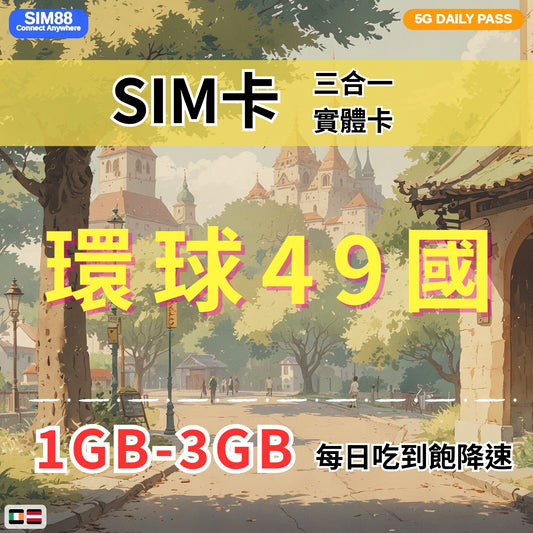 【實體卡】環球49國 跨國上網 每日1-3GB 49個目的地：阿爾巴尼亞/愛爾蘭/愛沙尼亞/奧地利等49國 4G/5G高速 -J
