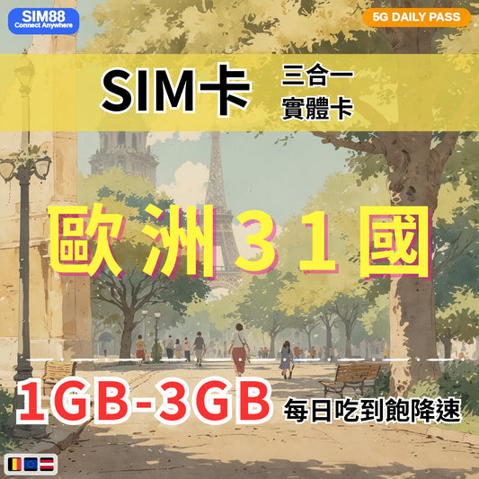 【實體卡】歐洲31國 跨國上網 每日1-3GB 31個目的地：奧地利/比利時/保加利亞/克羅地亞等31國 4G/5G高速 -J