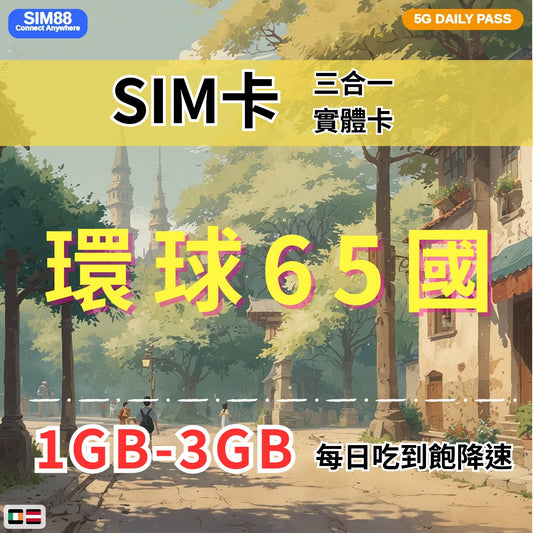【實體卡】環球65國 跨國上網 每日1-3GB 65個目的地：阿爾巴尼亞/愛爾蘭/愛沙尼亞/奧地利等65國 4G/5G高速 -J