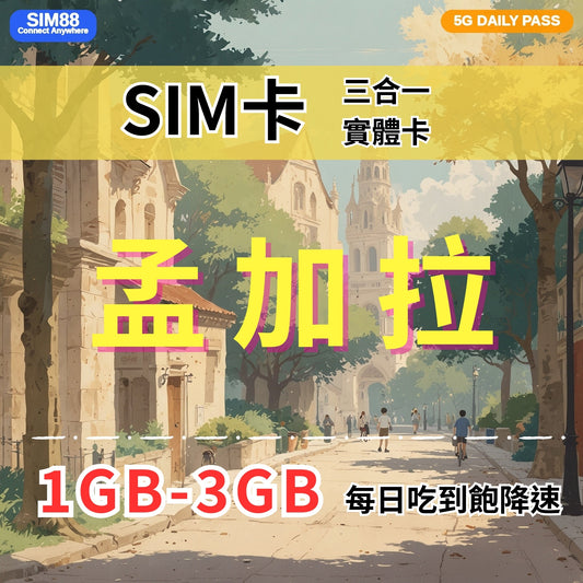 【實體卡】孟加拉 上網卡 每日1-3GB 4G/5G高速 -J