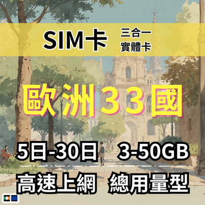【實體卡】歐洲33國 跨國上網 總量型SIM卡 3-50GB 33個目的地：克羅地亞/斯洛文尼亞/賽普勒斯/愛爾蘭等33國 4G/5G -J