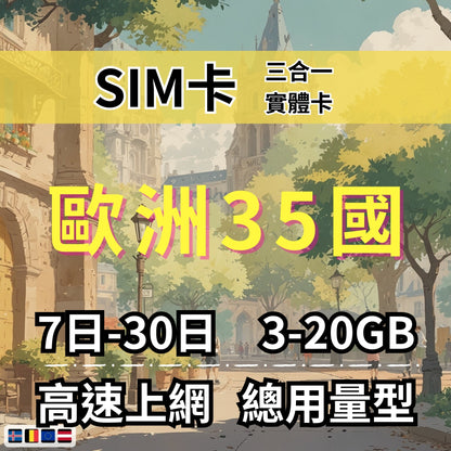 【實體卡】歐洲35國 跨國上網 總量型SIM卡 3-50GB 歐洲35國：奧地利/愛沙尼亞/比利時/冰島等35國 4G/5G -J