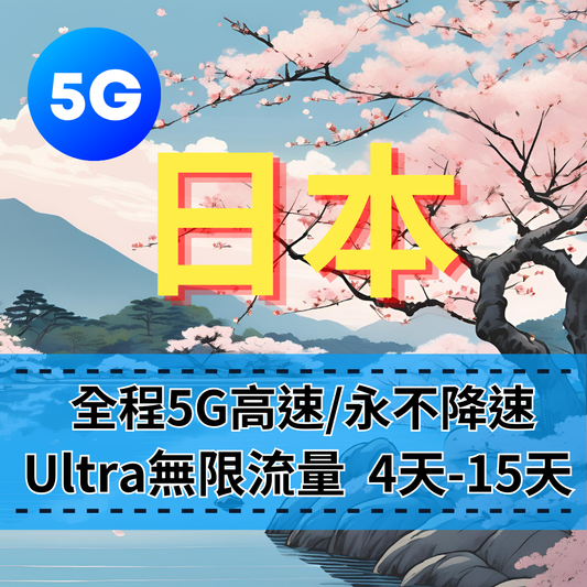 【eSIM】Ultra日本5G高速無限流量上網｜原生KDDI電信｜全程不降速、高速吃到飽，即買即用，重度網路使用者｜日本旅遊首選