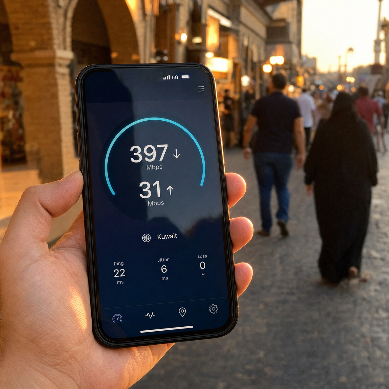 科威特實際使用畫面｜傳統市集旁手機顯示 397Mbps 高速