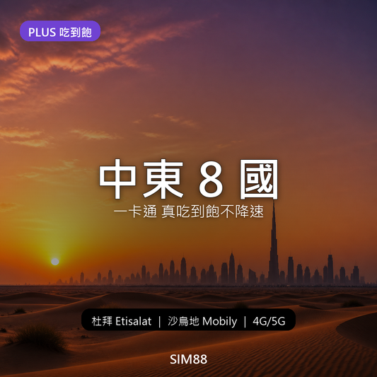 【eSIM】中東 8 國一卡通 PLUS｜真吃到飽不降速｜4G/5G高速｜杜拜/沙烏地/土耳其等