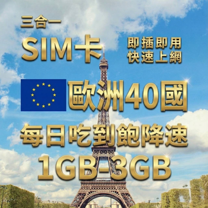 【實體卡】歐洲40國上網SIM卡｜每日高速流量｜降速128Kbps續無限｜各國原生電信-J