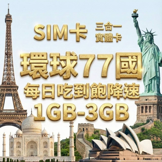 【實體卡】環球77國 跨國上網 每日1-3GB 77個目的地：阿爾巴尼亞/愛爾蘭/愛沙尼亞/奧地利等77國 4G/5G高速 -J