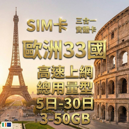 【實體卡】歐洲33國 跨國上網 總量型SIM卡 3-50GB 33個目的地：克羅地亞/斯洛文尼亞/賽普勒斯/愛爾蘭等33國 4G/5G -J