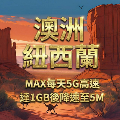 【eSIM】MAX紐澳每日5G高速上網｜達1GB流量後，降速至5M吃到飽｜Optus、TNZ 電信｜高速暢遊無阻