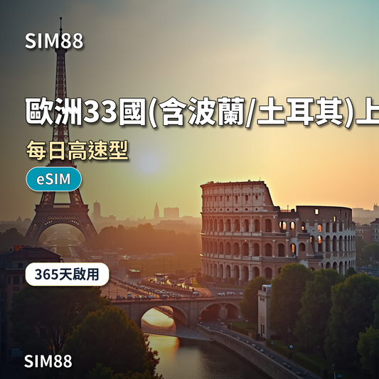 SIM88 歐洲33國(含波蘭/土耳其)上網卡 每日高速型 eSIM