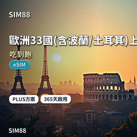 SIM88 歐洲33國(含波蘭/土耳其)上網卡 吃到飽 eSIM