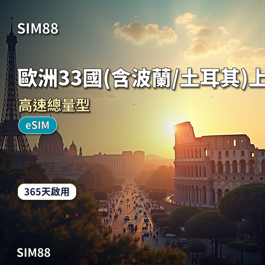 SIM88 歐洲33國(含波蘭/土耳其)上網卡 高速總量型 eSIM