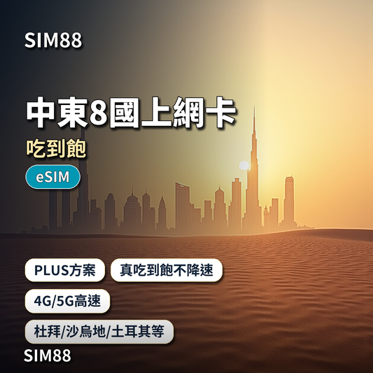 SIM88 中東8國上網卡 吃到飽 eSIM